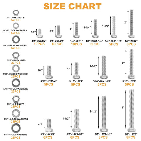 Front view: VIGRUE hex bolts assortment size chart showing metal bolts, nuts, and washers in multiple SAE sizes.