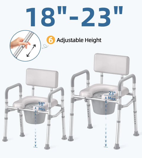 Adjustable Bedside Commode Toilet With Built Like A Tank Aluminum Frame And Heavy Duty Crossbar Featuring Thick Cushioned Seat Ergonomic Backrest Supports Up To 350lb And Non Skid Feet For Everyday Ease