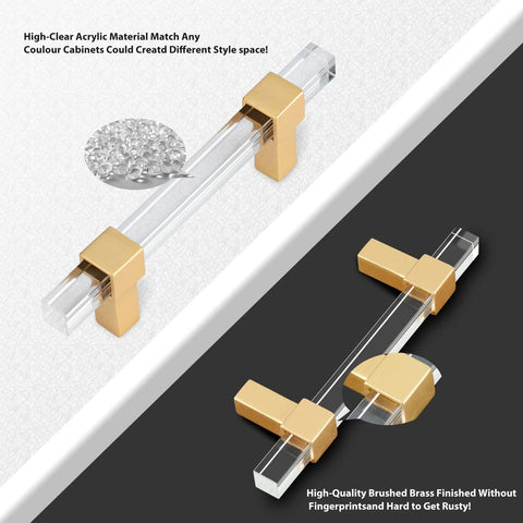 10 Pack 5 Inch Gold Acrylic Drawer Pulls with Seven Point Five Inch Overall Length for Kitchen Cabinets, close-up view