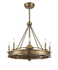 Lyon Traditional Ceiling Fan with Light Remote Control 8 Light Candle Fandelier in warm brass finish, 30-inch width, adjustable height.