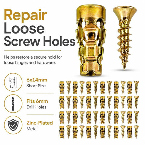 6x14mm Expansion Anchors For Wood And Cabinet Hinge Screws For Stripped Screw Hole Repair, zinc-plated set, 50 pieces shown