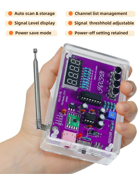 Hand holding FM Radio Kit For Beginners With Soldering Practice And Electronics Learning Project Including PCB Components Speaker And Case Build A Real Radio From Scratch And Learn Basic Circuit Design Hands On STEM Education displaying PCB with digital screen and antenna
