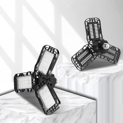 LED Garage Lights Two Pack 45W 6500K Daylight with Three Adjustable Panels displayed on a marble surface