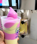 Commercial Dual Tank Ice Slush Machine For Top Shelf Margaritas And Creamy Milkshakes With Smart Freeze Tech and Heavy Duty Build showcased with a swirled drink.
