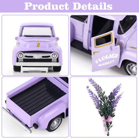 Mini Lavender Metal Truck With Lavender Bouquet Farmhouse Decor Vintage Purple Pickup Tiered Tray Accent For Country Home Rustic Metal Truck Decoration For Shelves And Tables Adorable Small Space Decor product details, showing front, side, back, and lavender bouquet.