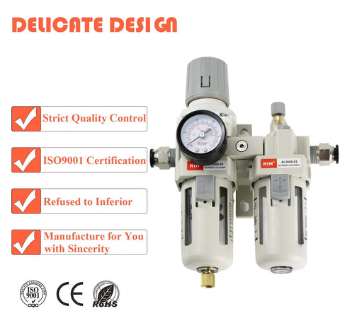 3/8 NPT Air Filter Regulator Lubricator Combo Piggyback Unit with Water Oil Trap, Gauge 0-150 PSI, and Semi Auto Drain