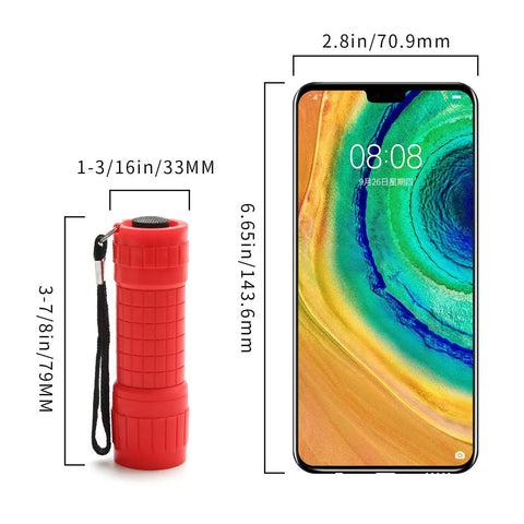 Red mini flashlight with lanyard next to smartphone, comparison of 30 Pack Mini LED Flashlights Set with 9 LED Beams