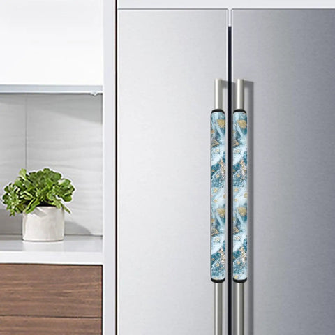 Refrigerator Door Handle Covers Set Of 2 Non Slip Blue Gold Marble Kitchen Appliance Decor on a stainless steel fridge