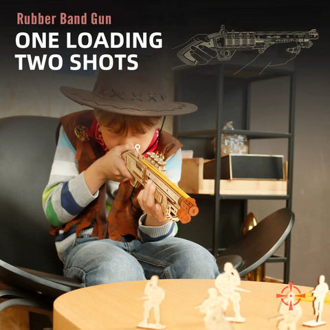 3D Wooden Puzzle Rubber Band Gun Kit For Adults And Teens Buildable Toy Shotgun Model, Challenging Wood Craft Project, Dope Hobby For Men And Women, Quick 1.5 Hour Assembly And Firing Action. child aiming laser-cut wooden rubber band gun