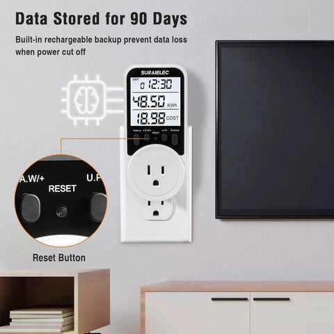 Outlet Watt Meter 90-250V Range Real Time Power Monitor For Home Use Tracks Watts Volts Amps Hz And Power Factor Records Max Min Power Cumulative Time And Energy In kWh No Brainer Automatic Cost Calculator For Easy Energy Savings, wall outlet display