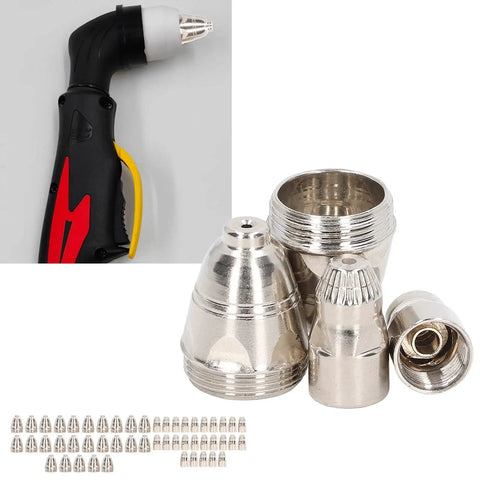 Heavy Duty 50 Piece Plasma Cutting Torch Consumable Kit With Copper Nozzles And Electrodes for metalworking, showing nozzles and torch.