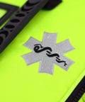 EMT first responder bag in fluorescent yellow with star of life patch; close-up of black zipper and strap.