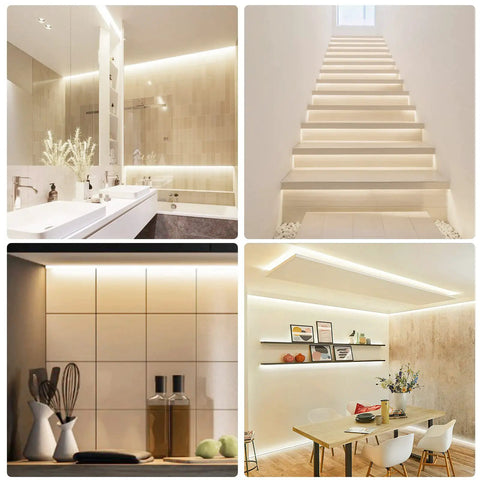 Neon Rope Lights 16.4ft With Dimmable Remote And Adapter Waterproof Flexible LED Strip illuminating bathroom, stairs, kitchen, and dining room.