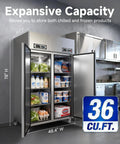 Top Shelf Commercial Fridge And Freezer Combo With Wifi Smart Control Dual Zone 36 Cu Ft upright stainless steel cooler showcasing contents in restaurant kitchen.