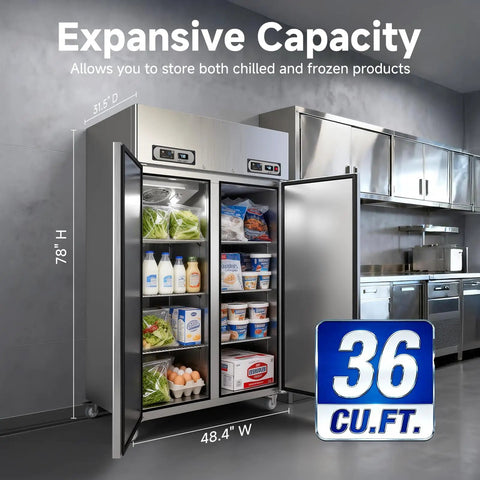 Top Shelf Commercial Fridge And Freezer Combo With Wifi Smart Control Dual Zone 36 Cu Ft upright stainless steel cooler showcasing contents in restaurant kitchen.