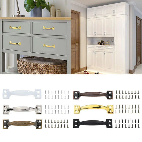 4 Pack Bow Shaped Gate Handles For Doors Cabinets Wardrobes Cupboards Fences And Garage Doors Metal Pull Knobs With Easy Install Hardware Fits Barn Doors And Furniture displayed in various colors with installation hardware.