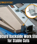 Pro Grade Table Saw Tapering Jig With 24 Inch Aluminum Rails Laser Etched Scale And 15 Degree Angle Cut Guide showcasing secure backside work stop.