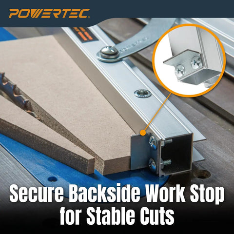 Pro Grade Table Saw Tapering Jig With 24 Inch Aluminum Rails Laser Etched Scale And 15 Degree Angle Cut Guide showcasing secure backside work stop.