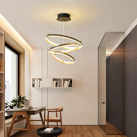 Dope Modern LED Chandelier Pendant Light For Kitchen Island Dining Living Room Bedroom Foyer, 90W Dimmable Black 3-Ring