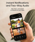 Dual Camera Smart Video Doorbell With Crisp 2K Clarity And Color Night Vision Delivery Guard Mode Plug And Play Battery Or Wired Options Zero Monthly Fees Never Sweat Safety Again displayed on smartphone with two-way audio.