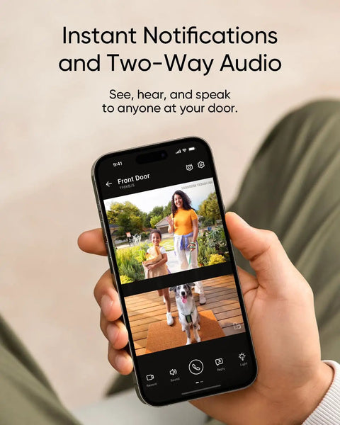 Dual Camera Smart Video Doorbell With Crisp 2K Clarity And Color Night Vision Delivery Guard Mode Plug And Play Battery Or Wired Options Zero Monthly Fees Never Sweat Safety Again displayed on smartphone with two-way audio.