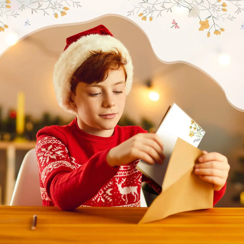 Child in festive sweater holding a floral note card from 100 Piece Floral Blank Note Cards Set, 4 by 6 Inches, Bulk Notecards.