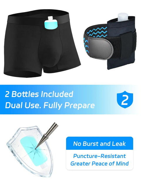 Travel Ready Urine Test Kit With 3.5 Oz Thinner Bottle, Leakproof HDPE Vials, Hi Stretch Leg Strap, Thermometer Stickers, Velour Lining Pouch And Lining Pocket Boxer Brief For Discreet On The Go Testing Medium, 2 bottles shown