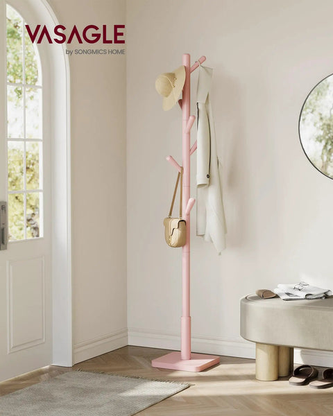 Solid Wood Coat Rack Stand With Eight Hooks No Tool Assembly Adjustable Heights Free Standing Hall Tree For Coats in hallway