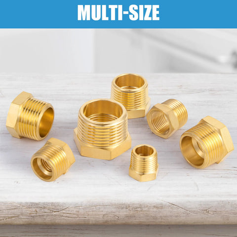 Brass reducer hex bushings, 3/8 NPT male to 1/4 NPT female, multi-size pipe fittings