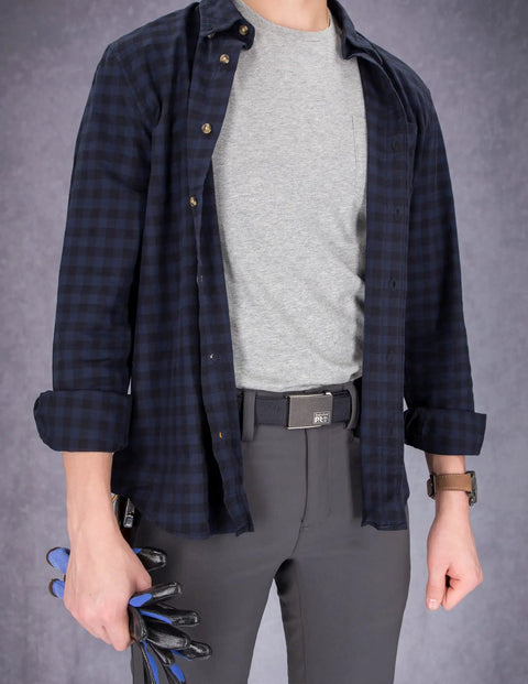 Person wearing Cut To Fit 38mm Web Belt For Men With Texture Plaque Buckle, Adjustable Black Belt Sized From 32 To 44 US