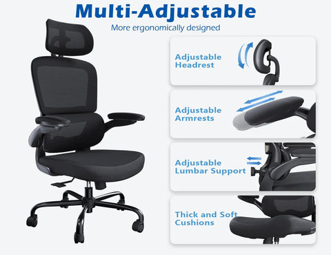Ergonomic Office Chair With Adjustable Headrest And Lumbar Support, Breathable Mesh Back, Flip Up Armrests, Black Durable Build