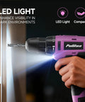 149 Piece Home Tool Set With 12V Pink Cordless Drill LED light in use drilling into wood surface