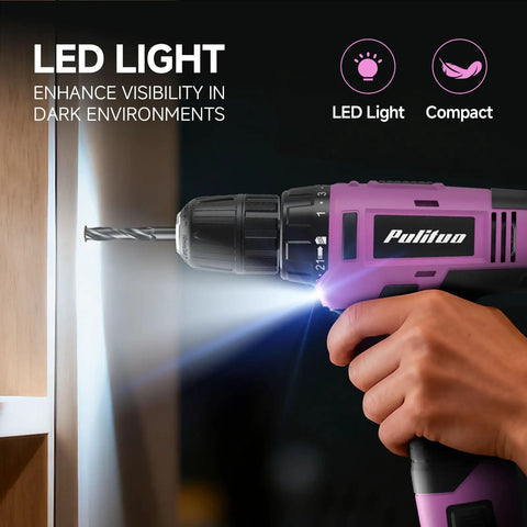 149 Piece Home Tool Set With 12V Pink Cordless Drill LED light in use drilling into wood surface