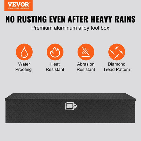 Road Ready Heavy Duty Aluminum Truck Bed Toolbox Featuring Diamond Plate Shield And Tamper Proof Latching For Rough Daily Runs And Tailgate Chasing 48 Inch Black Storage Case side view showing diamond tread pattern and stainless latch.