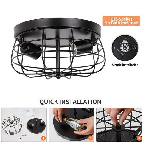 Industrial Black Flush Mount Ceiling Light 2 Light Farmhouse Fixture With Metal Cage Shade, close-up of installation steps