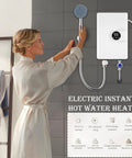 Woman adjusting handheld showerhead next to Wall Mounted Tankless Electric Water Heater Delivers Killer Hot Shower Flow With 5500 Watt Output Plus Drip Free Safety Guard For A Quick Bathroom Or Laundry Room Makeover.