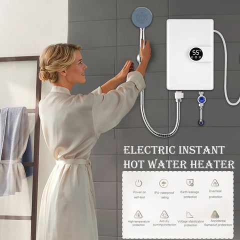 Woman adjusting handheld showerhead next to Wall Mounted Tankless Electric Water Heater Delivers Killer Hot Shower Flow With 5500 Watt Output Plus Drip Free Safety Guard For A Quick Bathroom Or Laundry Room Makeover.