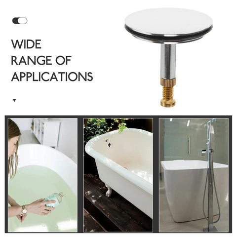 Adjustable Bathtub Drain Plug Silver Copper with Rotary Mechanism shown in various bathtub settings for versatile use.
