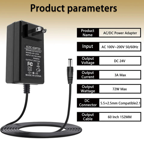 24V 3A Power Supply Adapter 72W AC To DC Converter 100-240V Input 24V Output 5.5x2.5mm Barrel Plug Product Parameters