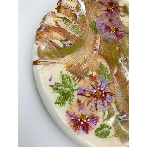 Close-up of 18 Inch Floral Epoxy Resin Lazy Susan With Turquoise Painted Wooden Base Farmhouse Serving Tray detailing floral design.