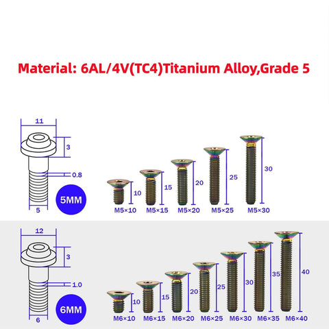 Blue Titanium M5 And M6 Flat Head Hex Socket Cap Screws, Countersunk, 0.8mm (M5) And 1.0mm (M6) Pitch, Grade 5 6AL-4V Alloy