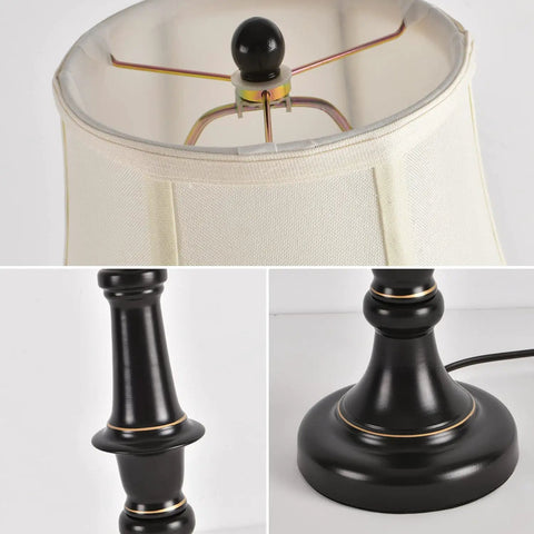 Close-up of Two Pack Vintage Style Buffet Table Lamps For Living Room And Bedroom, detail of white shade and retro brown finish base.