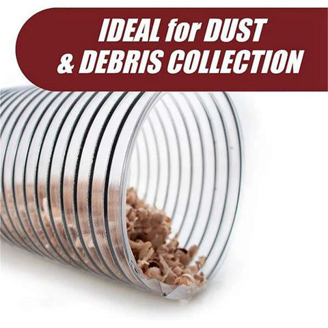 Rugged 2 Inch OD Clear Dust Collection Hose With Anti Static Wrap And Reinforced Body For Shop Vacs And Garage Mods Delivers Knockout Suction All Day Long showing visible debris inside.