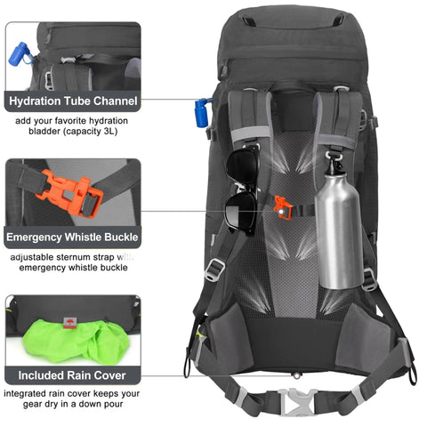Back view of Large Capacity Internal Frame Hiking Backpack 50L 60L 65L 70L 80L For Mountain Climbing And Camping with hydration pocket