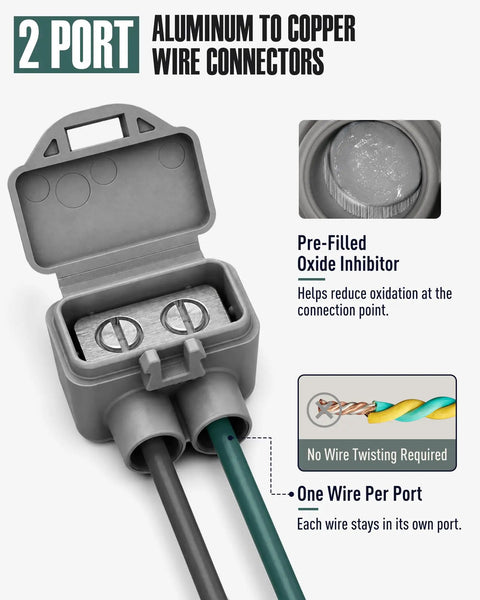 Heavy Duty 2 Port Aluminum To Copper Wire Connectors Pre Filled With Oxide Inhibitor Screw Terminals For Outlet Upgrades Easy No Sweat Install Gray 10 Pack with opened cover showing terminals.