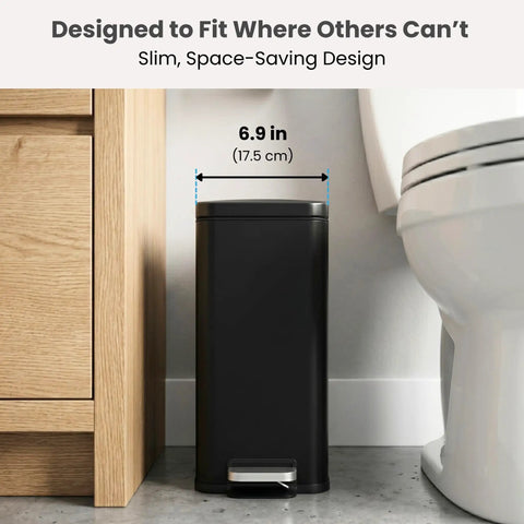 3 Gallon 12 Liter Dog Poop Trash Can With Lid And AbsorbX Odor Filter For Outdoor Use Rust Proof Matte Black Stainless Steel Pet Waste Bin With Soft Close Step Pedal For Backyard Bathroom And Office placed between toilet and cabinet