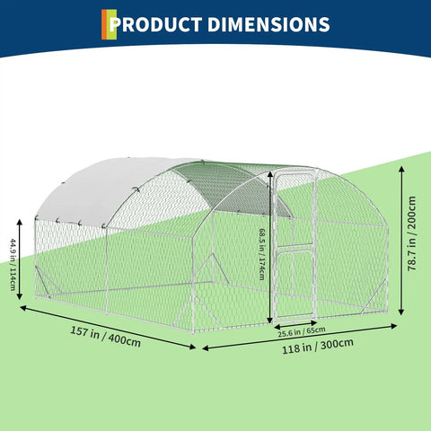 Dimensions of Beefy Large Walk In Chicken Coop With Galvanized Steel Frame All Weather PU Canopy And Round Top Roof