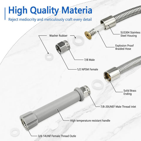 44 Inch Commercial Sink Sprayer Hose With Universal One Half Inch NPSM Female, detailed components, stainless steel, heat resistant