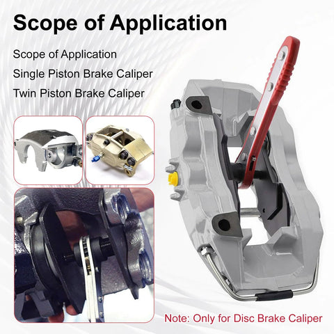 Brake caliper piston compressor tool with red 360° ratchet lever, 4 hooks and 2 large steel plates for disc brakes.