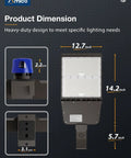 Dimensions and features of 300W LED Parking Lot Light With 39,000 Lumens At 5000K Daylight White, dusk to dawn photocell.